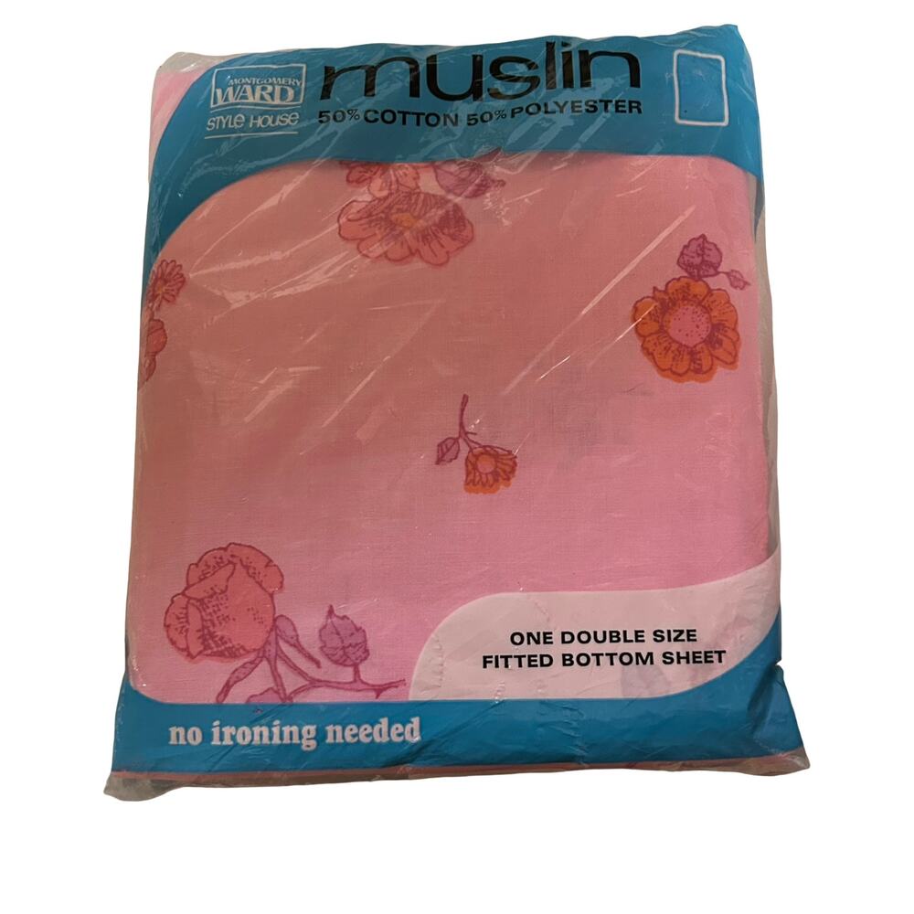Vtg Montgomery Ward Muslin Cotton Poly Double Fitted Sheet Floral 60's 70's Pink